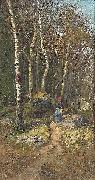 Olof Hermelin Varlandskap med kvinna vid skogsbryn oil painting